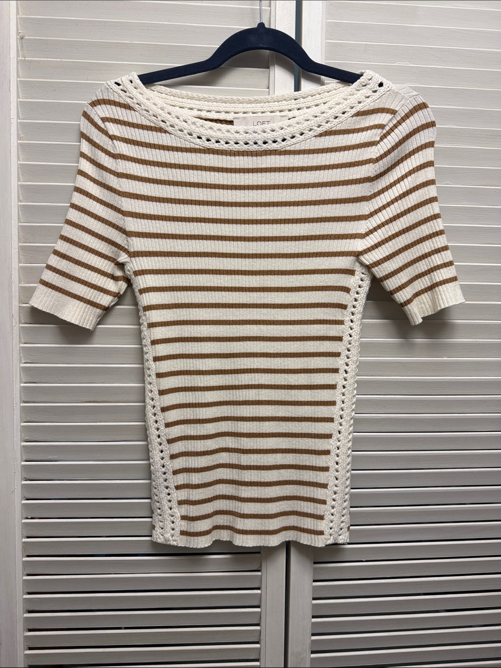 LOFT White & Camel Striped Knit Short Sleeve Top